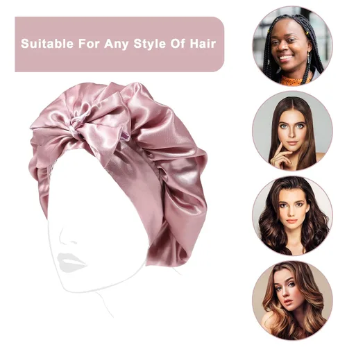 Vista 7 de Gorra de seda lavanda por marca – Gorro de dormir con banda elástica para cabello rizado