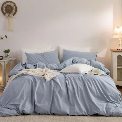 Vista 15 de Juego de funda de edredón 100% algodón lavado, tacto de lino Ropa de cama moderna transpirable ligera y suave para todas las estaciones