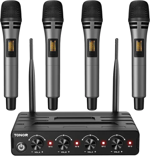 Vista 11 de TONOR Sistema de Micrófono Inalámbrico, Juego de 4 Micrófonos de Mano Inalámbricos UHF de 10 Canales con Auriculares/Micrófonos de Solapa Lavalier