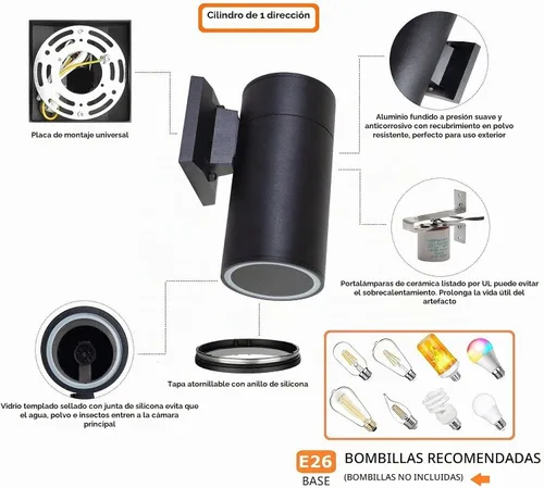 Vista 3 de Lámpara de pared para exteriores, iluminación exterior – Listado ETL, aluminio fundido a presión antioxidante, impermeable, diseño de cilindro