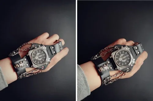 Vista 5 de Reloj de moda Hip-Hop Punk Skull para hombres y mujeres, reloj de pulsera de cuero ancho negro, estilo fresco, cadenas y guante de locomotora