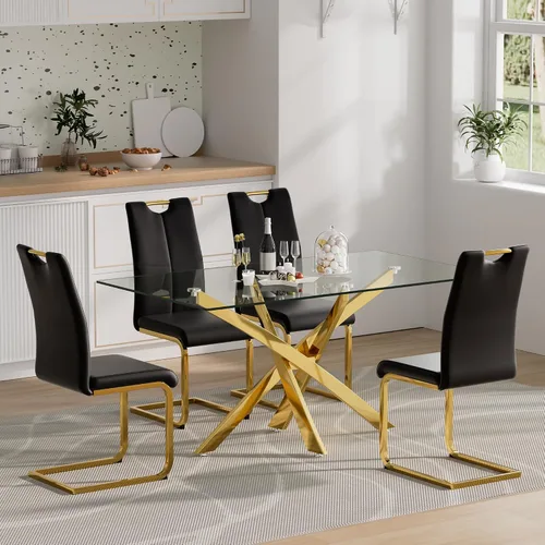 Vista 15 de Juego de mesa de comedor de cristal para 4, juego de mesa de cocina moderno de 5 piezas 52''Rectangular Glass Dining Set with 4 PU Leather