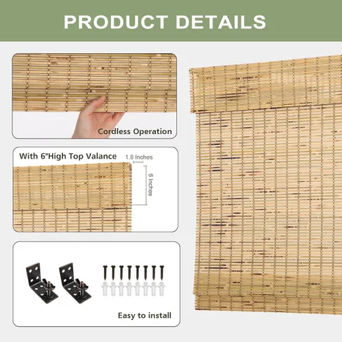 Vista 5 de Persianas Romanas de Bambú Sin Cordón con Oscurecimiento Total, Persianas Enrollables de Madera con Filtrado de Luz y Protección UV con Cenefa de 6
