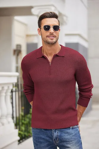Vista 2 de COOFANDY Suéter tipo polo con cremallera de un cuarto para hombre, de punto, manga larga, casual, ajustada