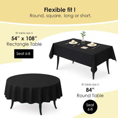 Vista 2 de Paquete de 12 manteles de plástico negro – Cubiertas de mesa desechables de 54 x 108 pulgadas para mesas rectangulares, resistentes y resistentes al