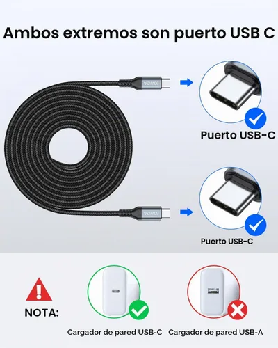 Vista 5 de Cable de carga USB C a USB C extra largo de 20 pies, carga solo 60 W, cable de carga rápida de nailon trenzado de largo alcance tipo C para iPhone