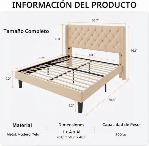 Vista 2 de SHA CERLIN Marco de cama tapizado completo, diseño capitoné con botones, color beige