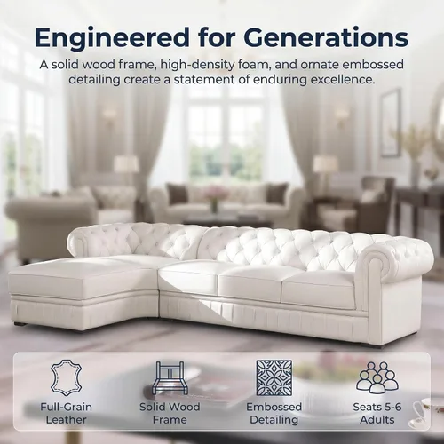 Vista 4 de FUOROLA Sofá modular de cuero genuino, juego de sofá en forma de L de lujo, muebles de sala de estar, sofá Chesterfield con diseño capitonado