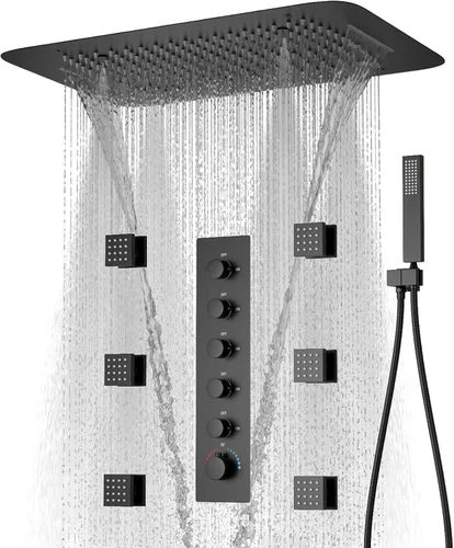 Vista 12 de Sistema de ducha dorado cepillado con cabezal de ducha grande de 16 x 24 pulgadas, cabezal de ducha de triple función, cascada de lluvia, juego