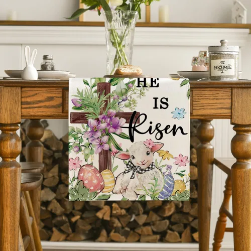 Vista 2 de Artoid Mode Camino de mesa de Pascua con huevos cruzados de oveja, flores silvestres de primavera de temporada, decoración de mesa de comedor