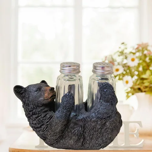 Vista 6 de Juego de saleros y pimenteros rústicos de oso negro en la parte posterior, accesorio decorativo de resina y vidrio para mesa de cocina, decoración