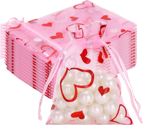 Vista 12 de G2PLUS - Bolsas de organza de corazón, 50 bolsas de regalo con cordón transparente de 4 x 6 pulgadas Pink Mesh Bags with Gold Foil Hearts for