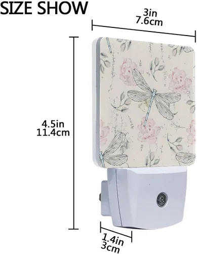 Vista 4 de Lámpara de noche LED enchufable con sensor de luz, libélulas florales grungy, luz blanca, paquete de 2 unidades, para pasillo, baño, dormitorio