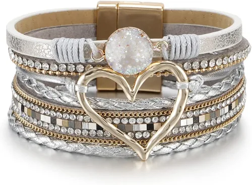 Vista 22 de Fesciory - Pulsera de leopardo para mujer, estilo bohemio de cuero multicapa con perlas de cristal