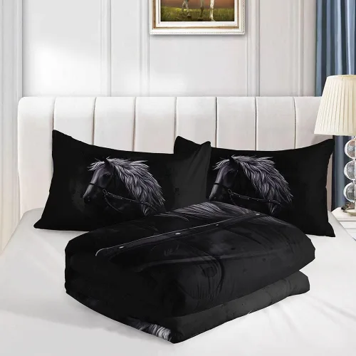 Vista 4 de Datura home - Juego de ropa de cama con edredón estampado de caballo negro, patrón de caballo oscuro, juego de ropa de cama con funda de edredón