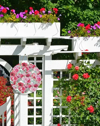 Vista 2 de Seasonal Front Door Welcome Sign, Valentine's Day Red Pink Rose Flower Green Leaves Round Wood Wreaths Wall Hanging Sign for Outdoor Porch Wall