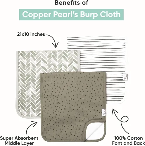 Vista 2 de Copper Pearl Paños para eructos para bebé, paquete de 3 paños grandes de algodón para eructos, trapos extrasuaves con 3 capas absorbentes, perfectos