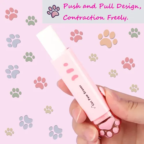 Vista 4 de 4 piezas de borrador retráctil Kawaii con patas de gato para niños, goma para estudiantes que escriben, dibujar estéticos suministros escolares