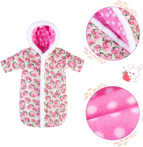 Vista 5 de Rakki Dolli Mono de muñeca para dormir, hecho a mano, ropa de muñeca con capucha, mameluco rosa con capucha para invierno, accesorio para muñeca