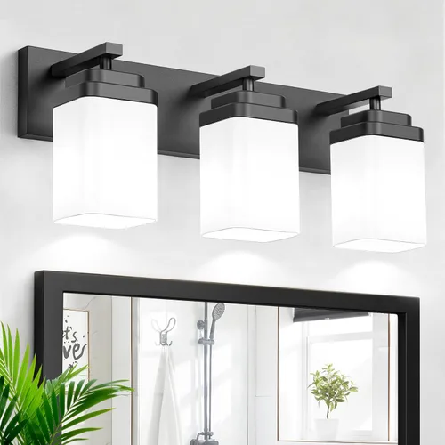 Vista 18 de Lámparas de baño de oro cepillado, 4 luces de baño sobre el espejo, diseño cuadrado y placa trasera grande rectangular, accesorios de iluminación