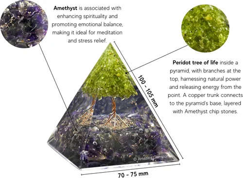 Vista 2 de Orgonita Amazing Gemstone Orgón Pirámide Extra Grande 105 MM - Pirámide de Energía de Orgón con Cristales de Amatista, Árbol de Peridoto y Piedra