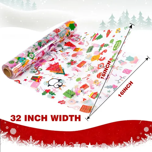 Vista 3 de Rollo de Envoltura de Celofán de Navidad de 100 Pies x 32 Pulgadas, Bolsas de Celofán de Navidad, Envoltura de Celofán de Navidad con Papá Noel
