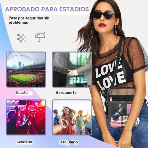 Vista 6 de Bolsa transparente aprobada para estadios, bolsa cruzada transparente, con correa de hombro ajustable para mujer, con bolsillo frontal Negro