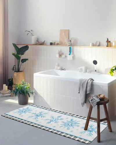 Vista 4 de Tapete de baño con diseño de copo de nieve azul para bañera, antideslizante, de secado rápido y absorbente, tierra de diatomeas, para fregadero