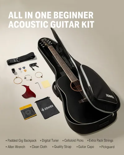 Vista 5 de Donner guitarra acústica negra para principiantes, adultos, adolescentes, kits de iniciación - Juego completo de guitarra acústica