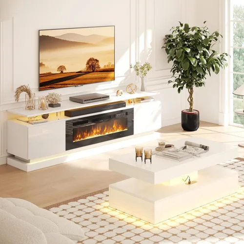 Vista 10 de 2 Piece Modern Table Set Includes 70" Fireplace TV Stand & 47" Coffee Table with Charging Station and USB Ports, for Living Room, Black