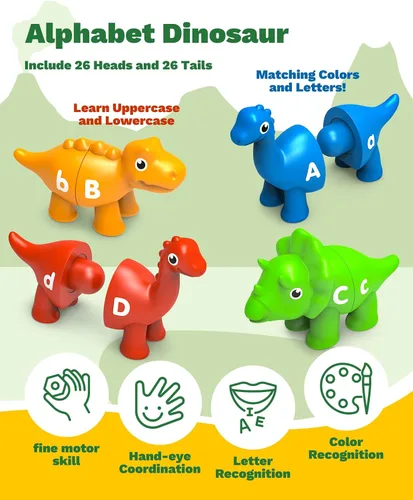 Vista 2 de 26 piezas de juguetes de aprendizaje del alfabeto de dinosaurios para 18M+, juguetes educativos Montessori para niños de 3, 4, 5 años, actividades
