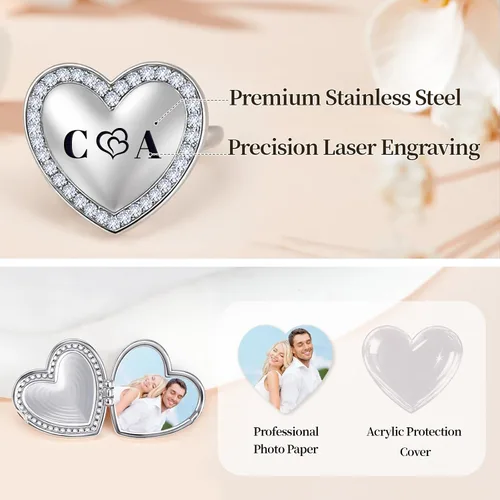 Vista 4 de SUPHELPU Anillo de medallón personalizado con imagen en el interior, anillos de fotos personalizados para mujeres, anillo conmemorativo grabado