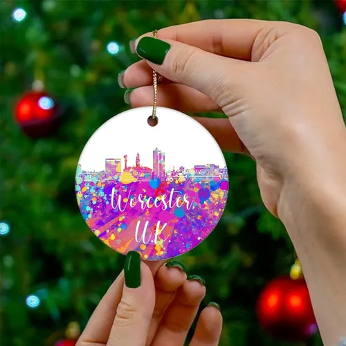 Vista 4 de Two-Side Printed United Kingdom-Worcester Ceramic Christmas Ornament, Novelty for Family Friends Kids, Colorful City Painting Christmas Keepsake