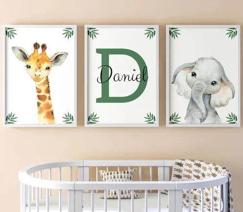 Vista 19 de Juego de 3 carteles personalizados de animales de safari para habitación de niños y niñas, sin marco, nombre personalizado, azul, verde, amarillo