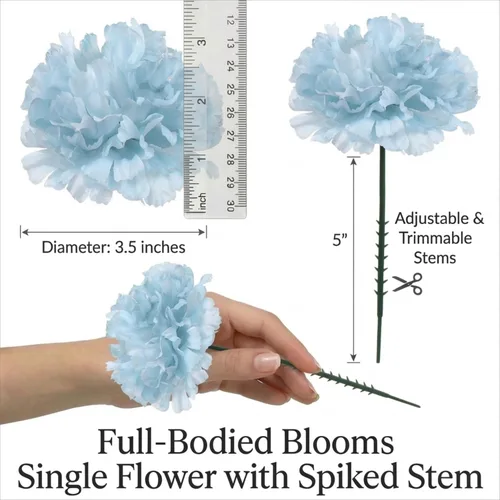 Vista 2 de Larksilk Real Touch - Púas de clavel de seda azul – 100 unidades a granel, cabezas de flores artificiales de 3.5 pulgadas con tallos de 5 pulgadas