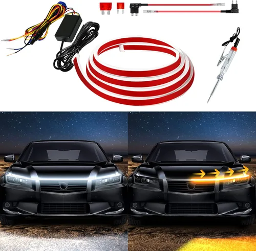 Vista 7 de Tira de luz LED para el exterior del capó del coche, kit de haz de arranque de escaneo dinámico de doble color, luces LED de circulación diurna