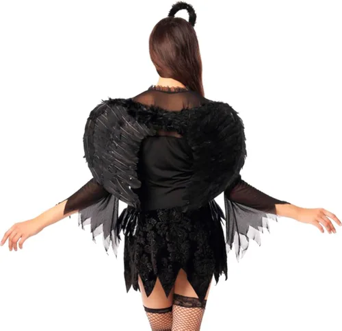Vista 8 de Mannice Disfraz de ángel caído de Halloween alas de plumas negras disfraz de halo para mujer