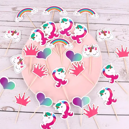 Vista 4 de CCINEE 48 piezas de decoración de unicornio arcoíris para cupcakes de papel de doble cara de unicornio para decoración de postres de fiesta