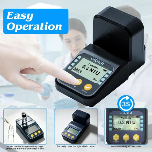 Vista 5 de Portable Lab Turbidity Meter 0-1000NTU with Standard Solution Kits Handheld Turbidimeter, ISO 7027 Compliant Water Quality Meter for Drinking