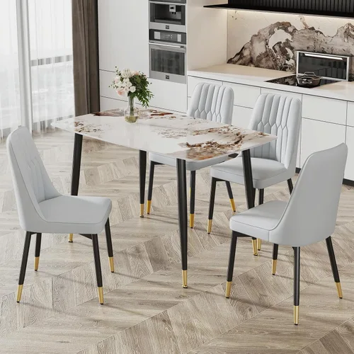 Vista 19 de Ebullient Mesa de comedor para 4, mesa de comedor rectangular de mármol, mesa de comedor de mármol sintético, mesa de comedor moderna con marco