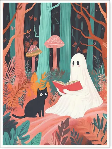Vista 23 de Bonito arte de lectura de fantasmas, póster de pared de bosque de Halloween con hongos y plantas, impresión de lectura de fantasmas caprichosa