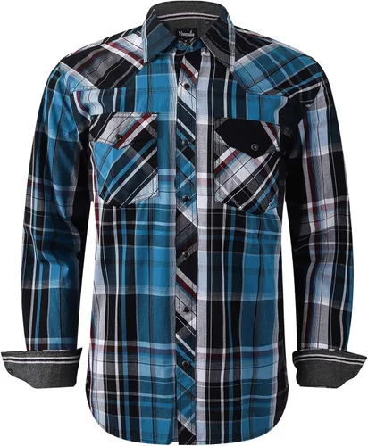 Vista 12 de Camisas occidentales de manga larga con botones para hombre, camisas a cuadros de ajuste regular Blkslub