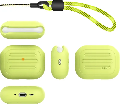 Vista 5 de Funda antipérdida para AirPods Pro 3, diseño de una pieza, carga inalámbrica, LED visible, cordón incluido (amarillo fluorescente)
