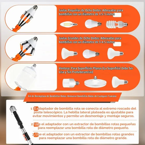 Vista 5 de Kit de cambiador de bombilla de 20 pies para techos altos con poste de Naranja