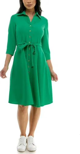 Vista 17 de Sharagano Vestido camisero plisado para mujer, manga 3/4, cuello en V, botones dorados Acacia
