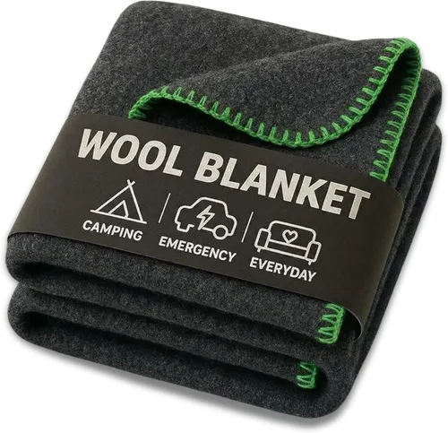 Vista 13 de Manta de Lana para Acampada – 70% Lana Resistente de Servicio Pesado Estilo Militar, Cálida y Lavable, Manta Ignífuga para Emergencias Gris