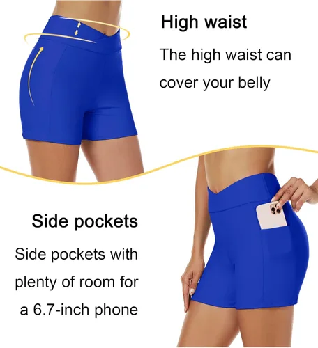 Vista 4 de Tournesol Traje de baño para mujer de 4 pulgadas, cintura alta, traje de baño de cintura cruzada, traje de baño con bolsillo