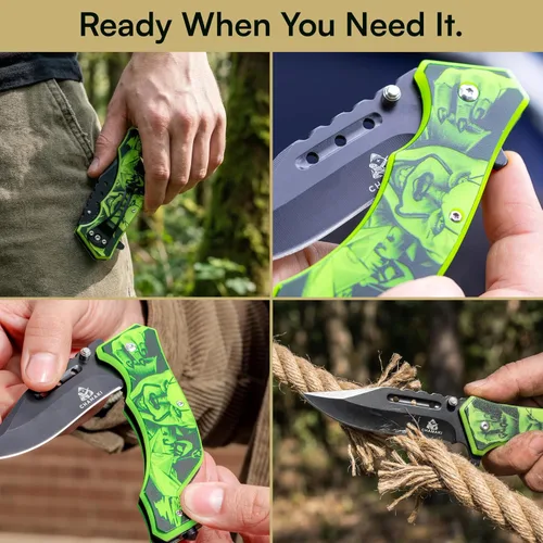 Vista 4 de Cuchillo de bolsillo de rescate – Cuchillo plegable manual con mango que brilla en la oscuridad, rompecristales, cortador de cinturón de seguridad