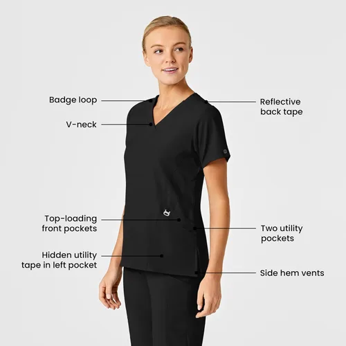Vista 2 de WonderWink W123 6155 - Top estilizado con cuello en V para mujer, Negro