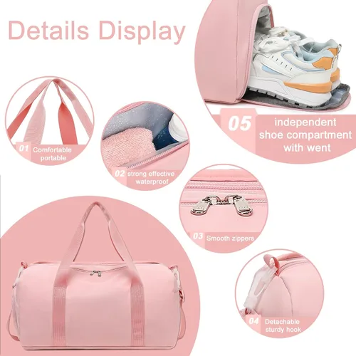 Vista 6 de Bolsa de viaje deportiva para gimnasio para hombres y mujeres con compartimento para zapatos, bolsillo húmedo, Rosa (Pure Pink), Bolsa de gimnasio